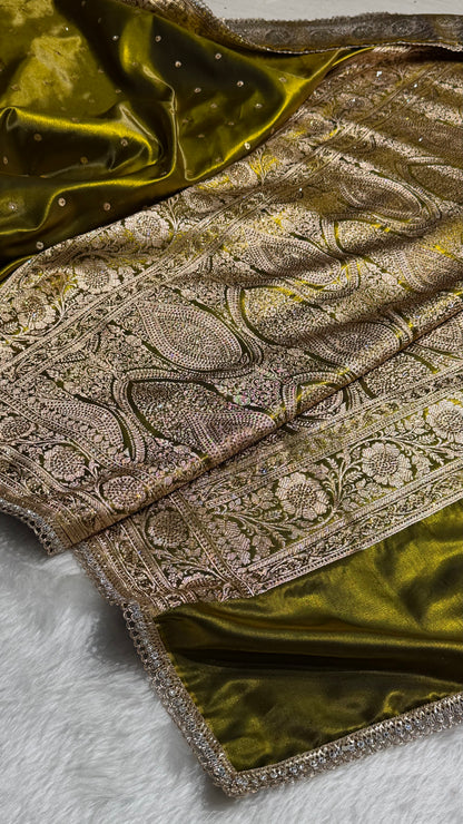 Satin Silk Dot Booti in Mehandi Shades with Swarovski work BSSGP08