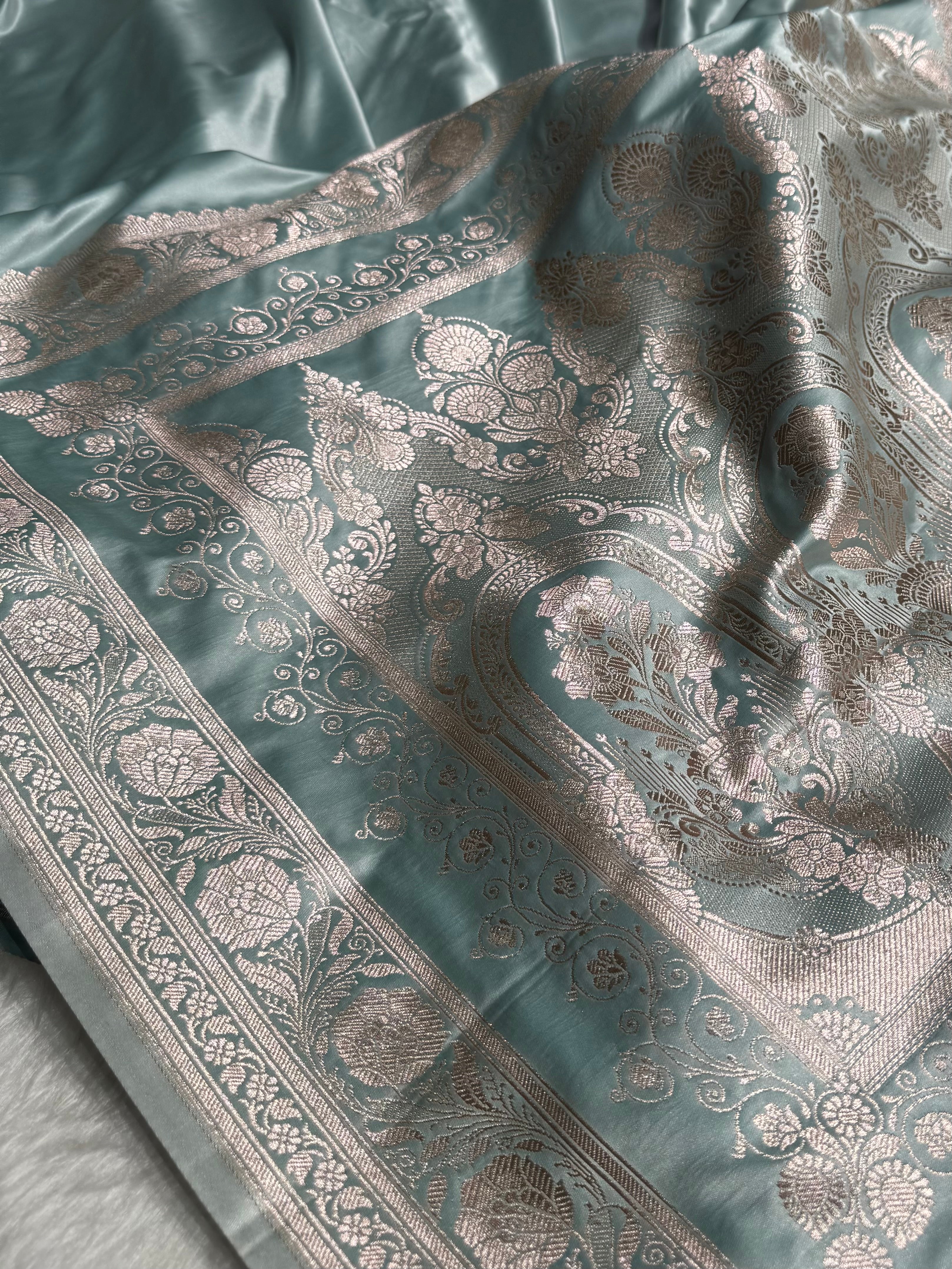 Dusty Sea Green Shades Plain Mashru Silk Saree