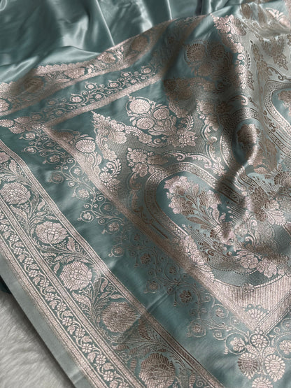 Dusty Sea Green Shades Plain Mashru Silk Saree