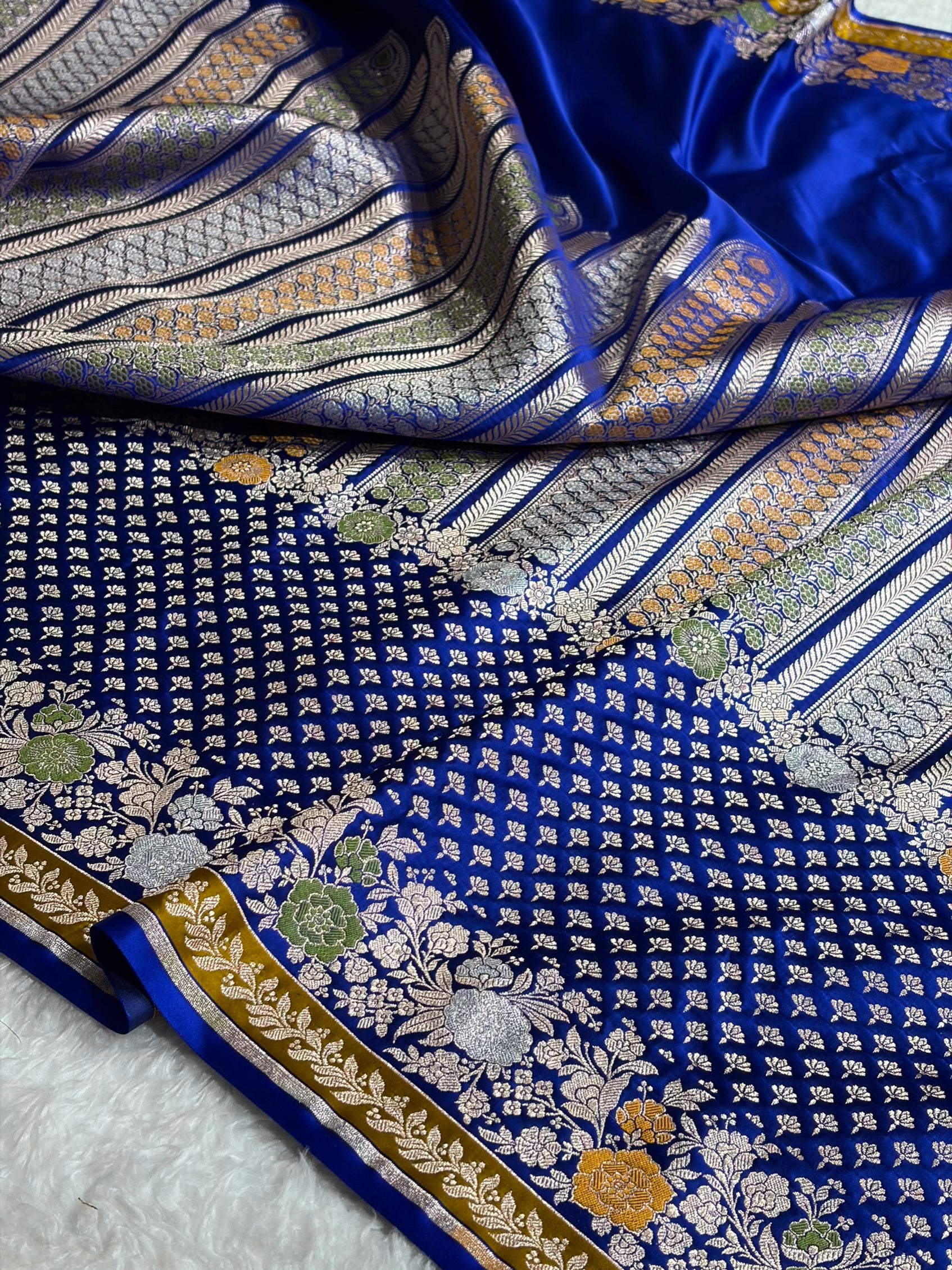 Royal Blue Banarasi Shades Floral Minakari Skirt Border Mashru Silk Saree MSM-83