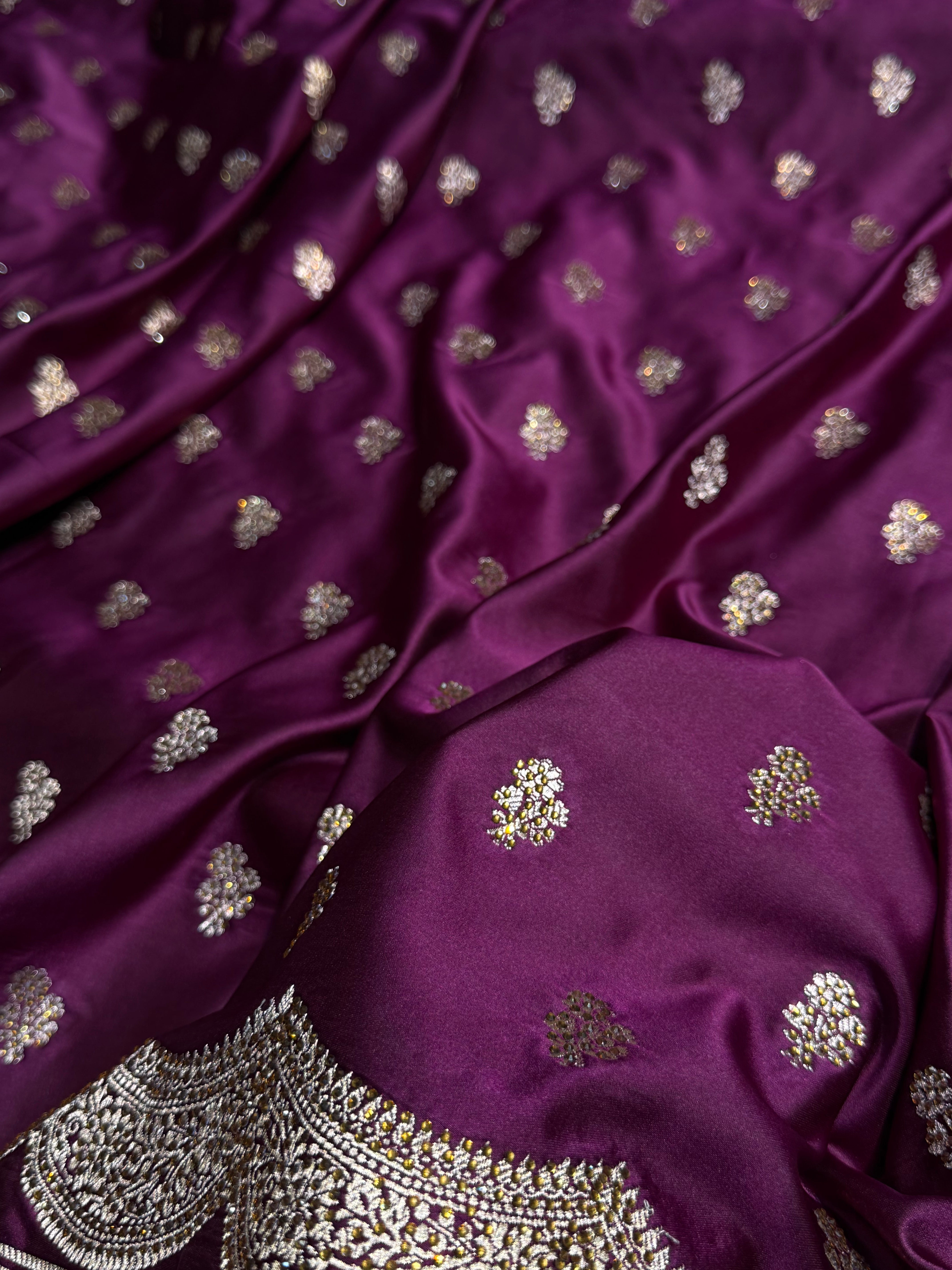Purple Wine Scallop Mashru Silk with Swarovski work