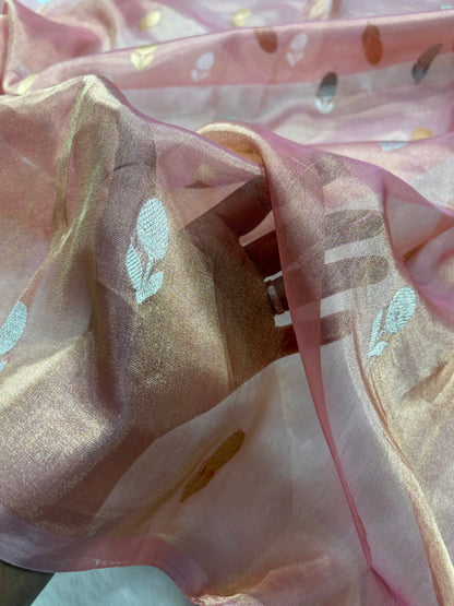 Light Peach Bananasi Floral Shades Pure Tissue Silk Saree PT-50