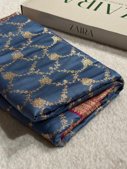 Banarasi Contrast Satin Katan Saree With Jaal Pattern in Grey With Rani Shades SK124