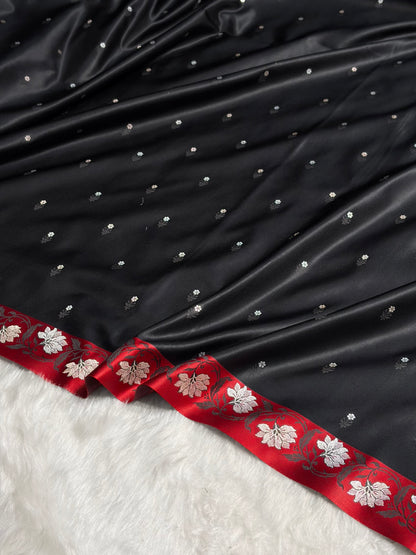 Contrast Black With Red Floral Boota With Floral Border Mashru Silk Saree MSM 78