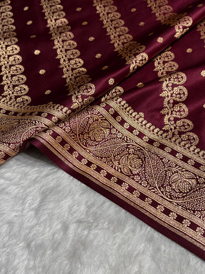 Garnet Shades Cross Floral Pattern Satin Katan Silk Saree SK79