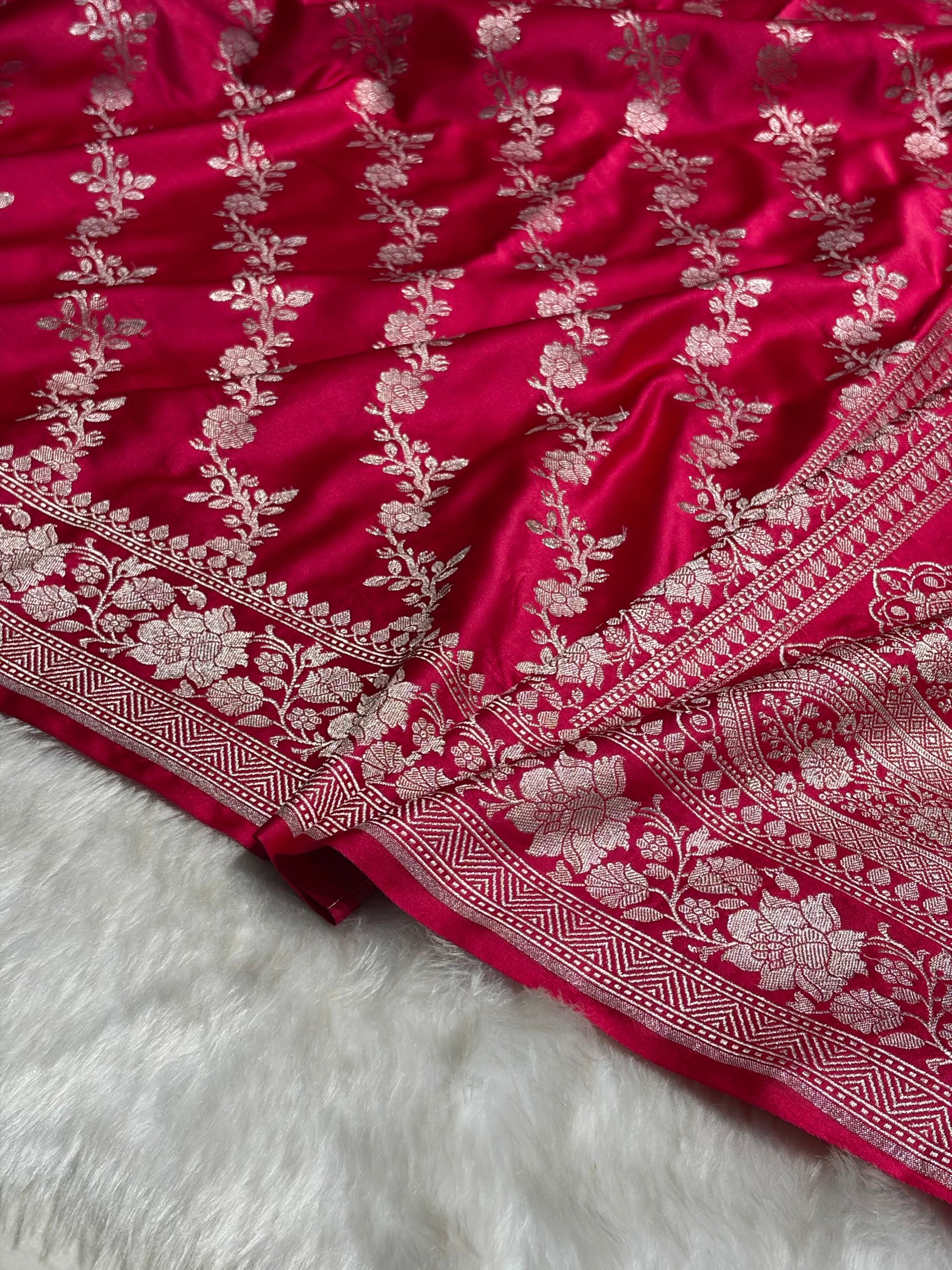 Ruby Pink Shades Banarasi Cross Jaal Mashru Silk Saree MS18
