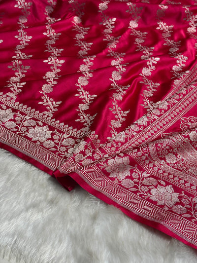 Ruby Pink Shades Banarasi Cross Jaal Mashru Silk Saree MCS18