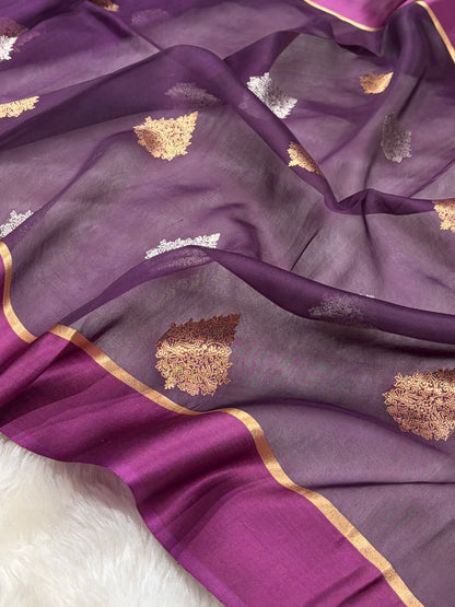 Pure Banarasi Organza Purple Wine Shades With Floral Banarasi Silk Saree PO-29