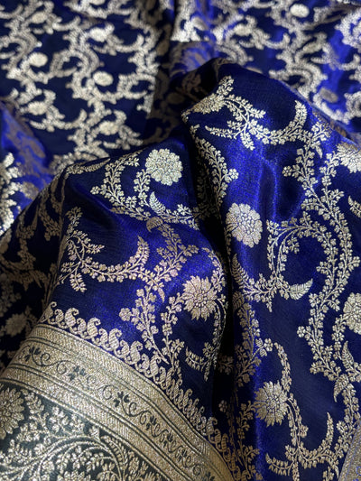 Royal Blue Contrast Beige Shades Jaal Pattern Banarasi Satin Silk Saree SS47