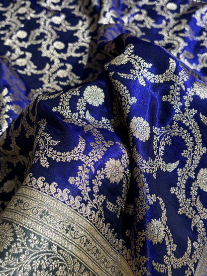 Royal Blue Contrast Beige Shades Jaal Pattern Banarasi Satin Silk Saree SS47