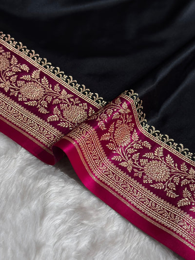 Banarasi Satin Katan Saree Floral Booti Pattern in Contrast Black / Rani Shades SK149