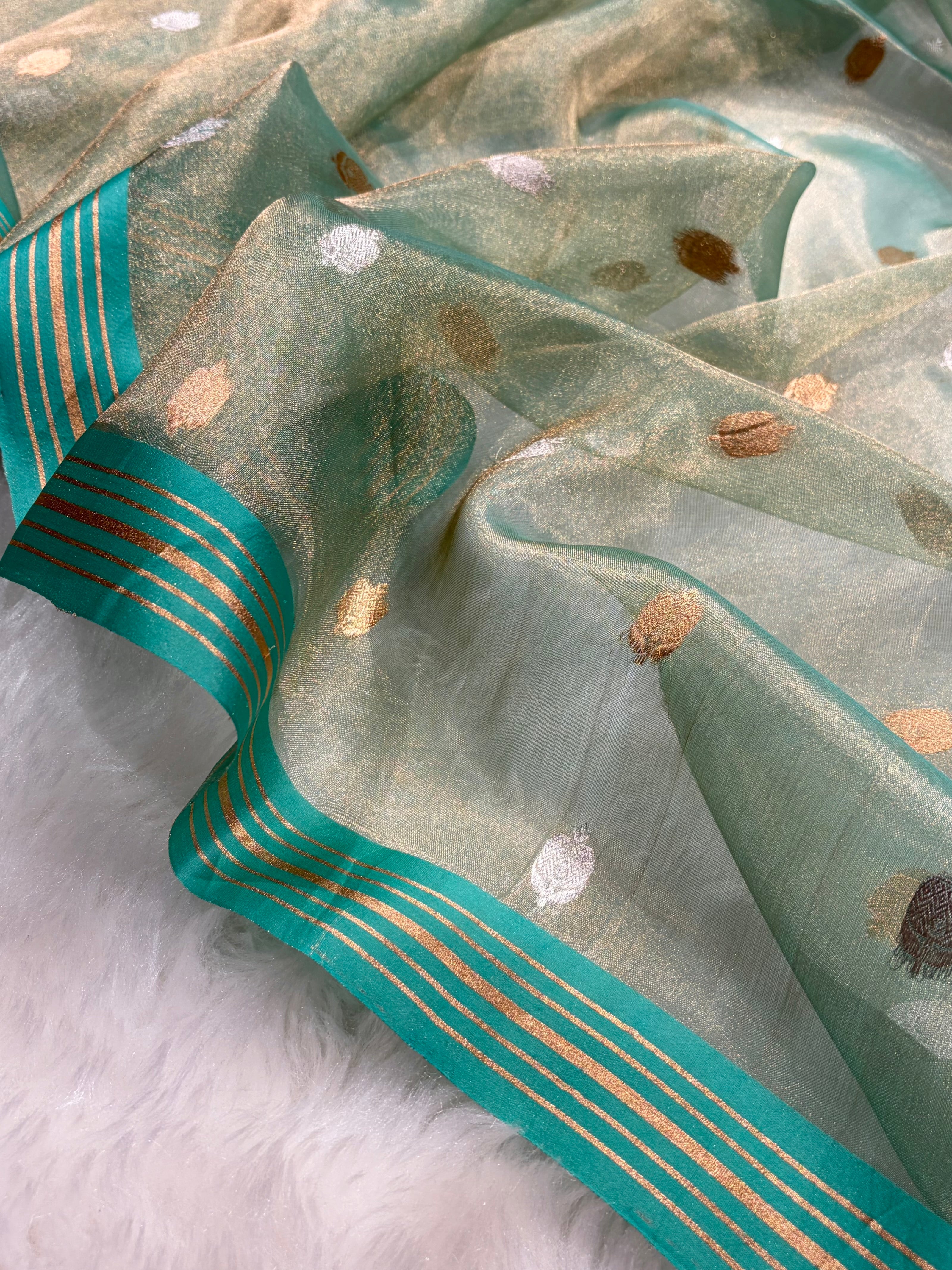 Sea Green Bananasi Floral Shades Pure Tissue Silk Saree PT-35