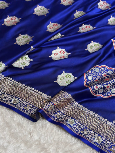 Premium Banarasi Satin Katan Saree Swarovski Work Minakari Booti Pattern in Royal Blue Shades BSK04