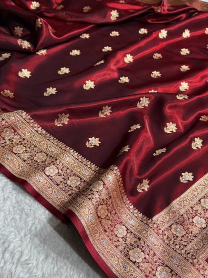 Maroon Shades Minakari Boota Pattern Banarasi Satin Silk Saree SS44