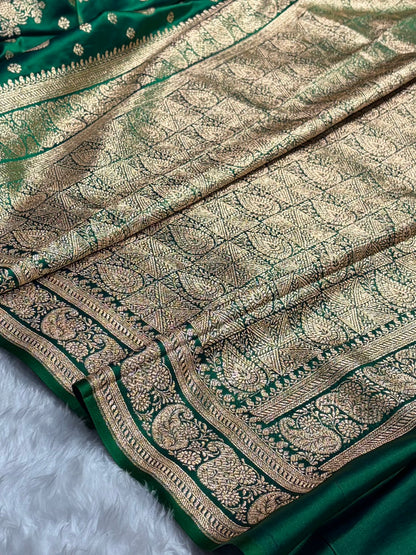 Banarasi Satin Katan Saree With Unique Boota in Cross Green Shades SK92