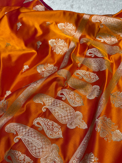 Orange Gold Skirt Border Mashru Silk Saree
