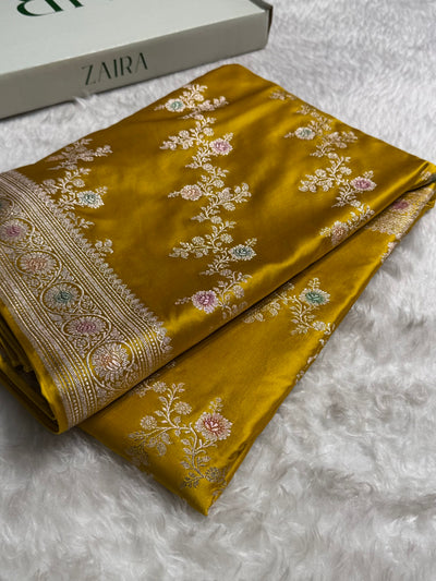 Mustard Minakari Banarasi Cross Mashru Silk Saree MCS01