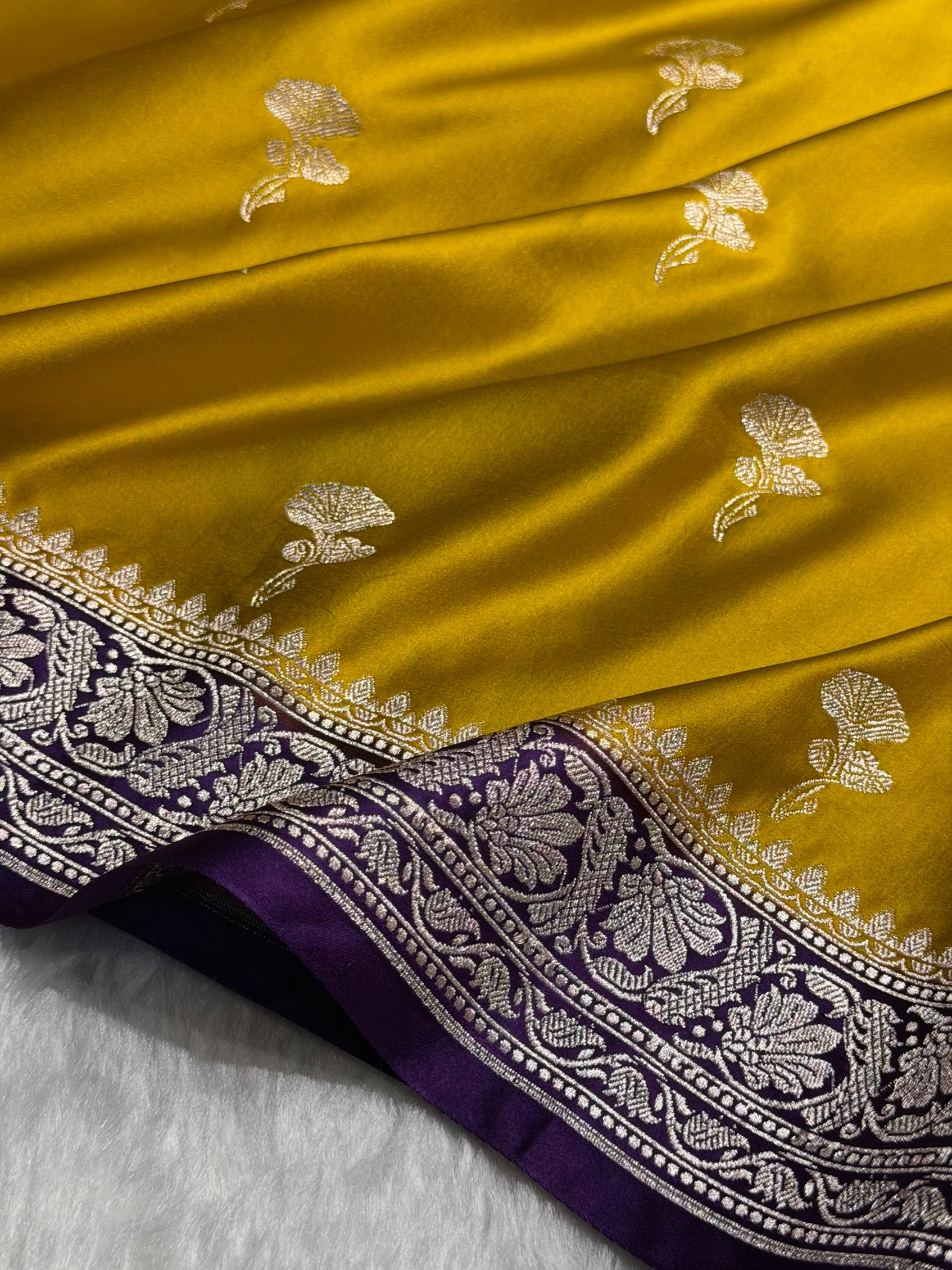 Contrast Mustard With Dark Purple Shades Minakari Boota Mashru Silk Saree