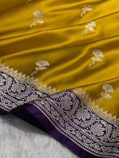 Contrast Mustard With Dark Purple Shades Minakari Boota Mashru Silk Saree