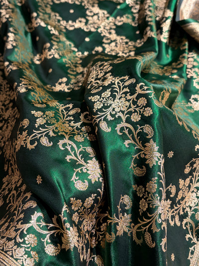 Bottle Green Shades Jaal Pattern Banarasi Satin Silk Saree SS48