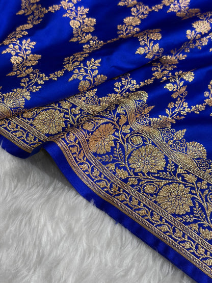 Banarasi Royal Blue Shade Floral Jaal Pattern Satin Katan Silk Saree SK43