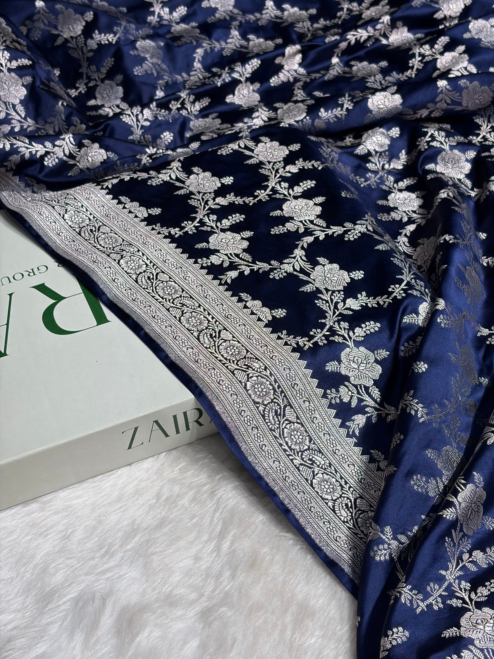 Navy Blue Floral Jaal Mashru Silk Saree  MS28