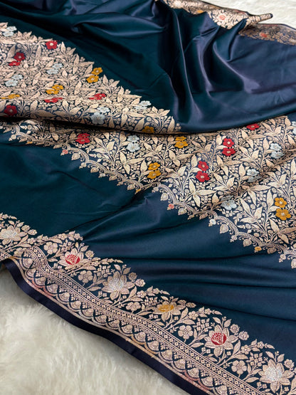 Dark Peacock Shades Banarasi Minakari Boota Skirt Pattern Floral Mashru Silk Saree MSM-116