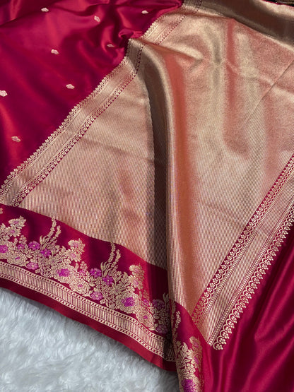 Banarasi Satin Katan Saree Booti Minakari Pattern in Cross Red Shades SK136