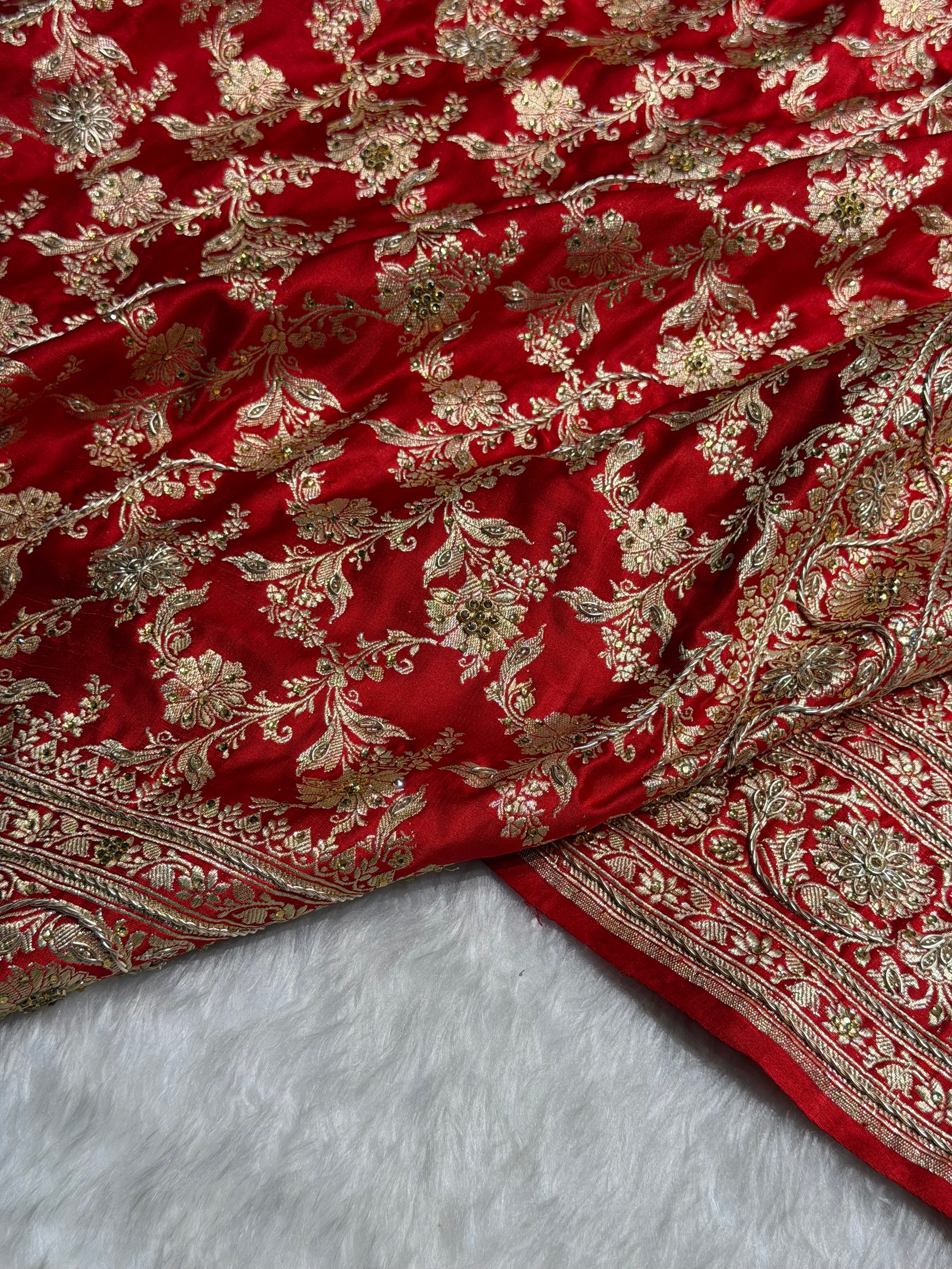 Bridal Red Pure Katan Silk Banarasi Saree with Zardozy, Ari and Stone work  PBSK01