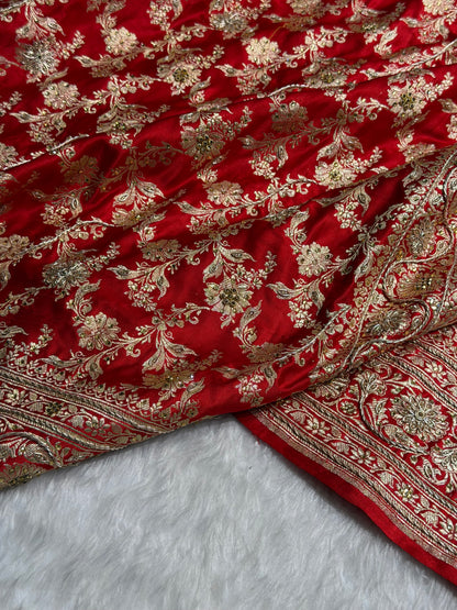 Bridal Red Pure Katan Silk Banarasi Saree with Zardozy, Ari and Stone work  PBSK01