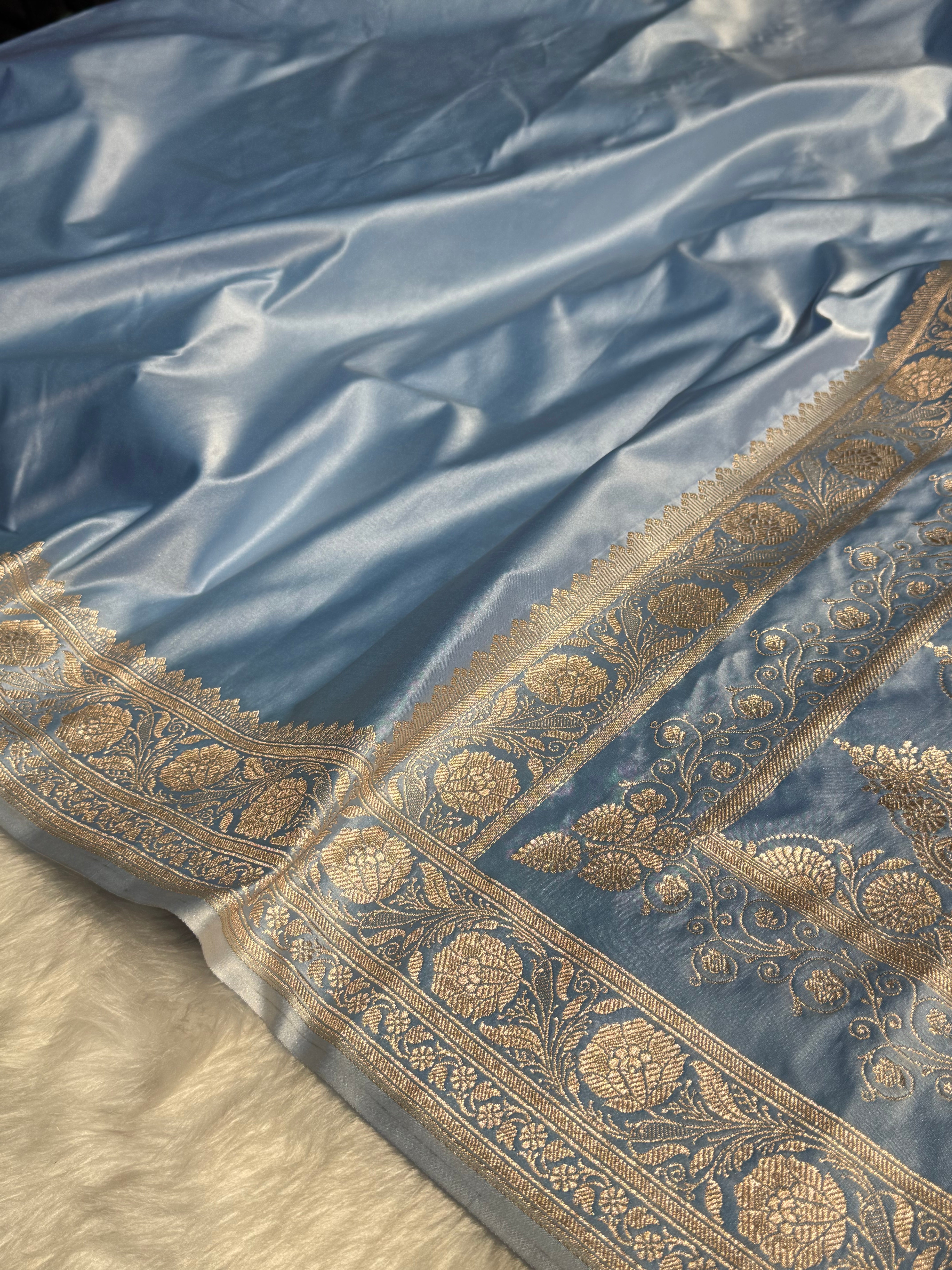 Powder Blue Shades Plain Mashru Silk Saree