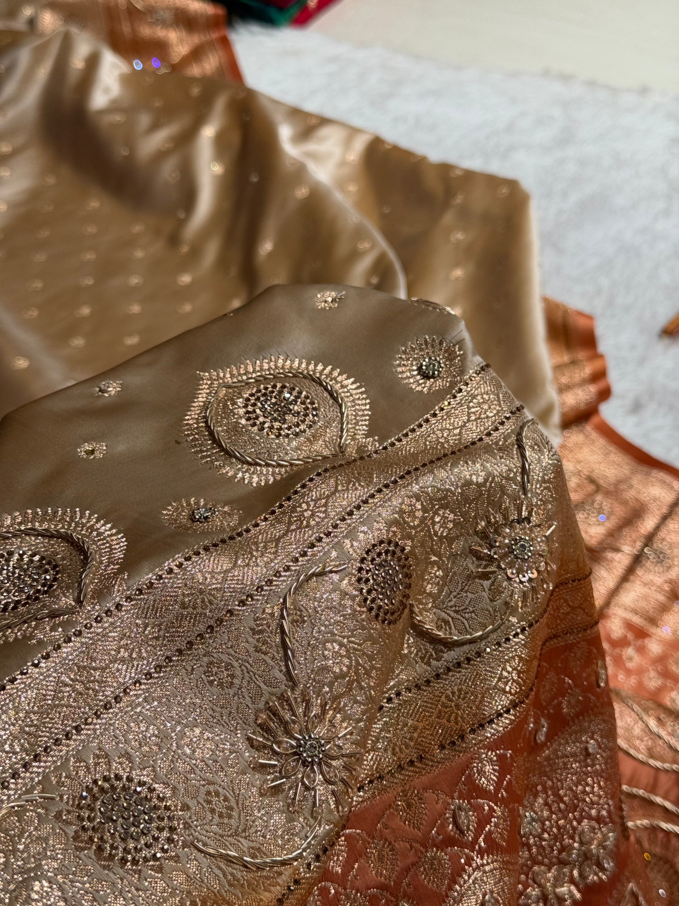 Mustard Tusser With Peach Booti With Ari & Zardozi Work Satin Katan Silk saree BSK29