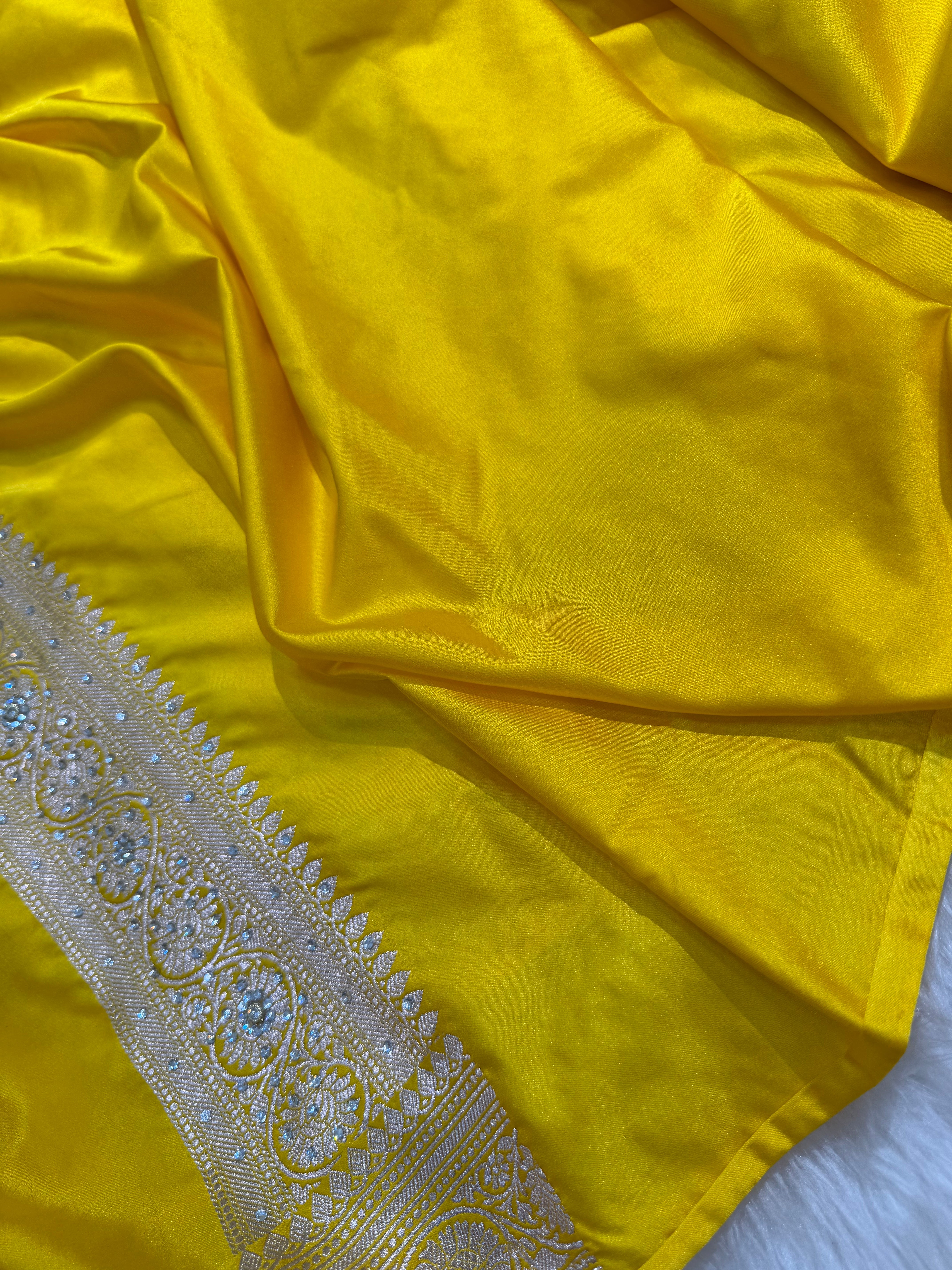 Yellow Cross Mashru Silk Saree with Ari and Stone and Gotta Patti