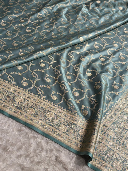 Turquoise Shades Floral Jaal Pattern Satin Katan Silk saree SK55
