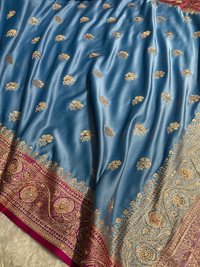 Dusty Blue - Rani Banarasi Boota With Zardozi & Swarovski Work Katan Silk Saree BSKM29