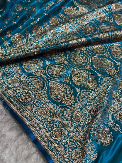 Satin Silk Saree Banarasi Swarovski Work Jaal in Firozi Shades BSS23 (R)