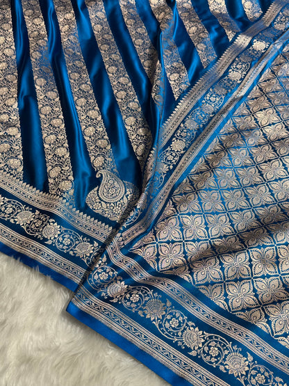 Dark Firozi Shades Banarasi Cross Pattern Floral Mashru Silk Saree MSM-102