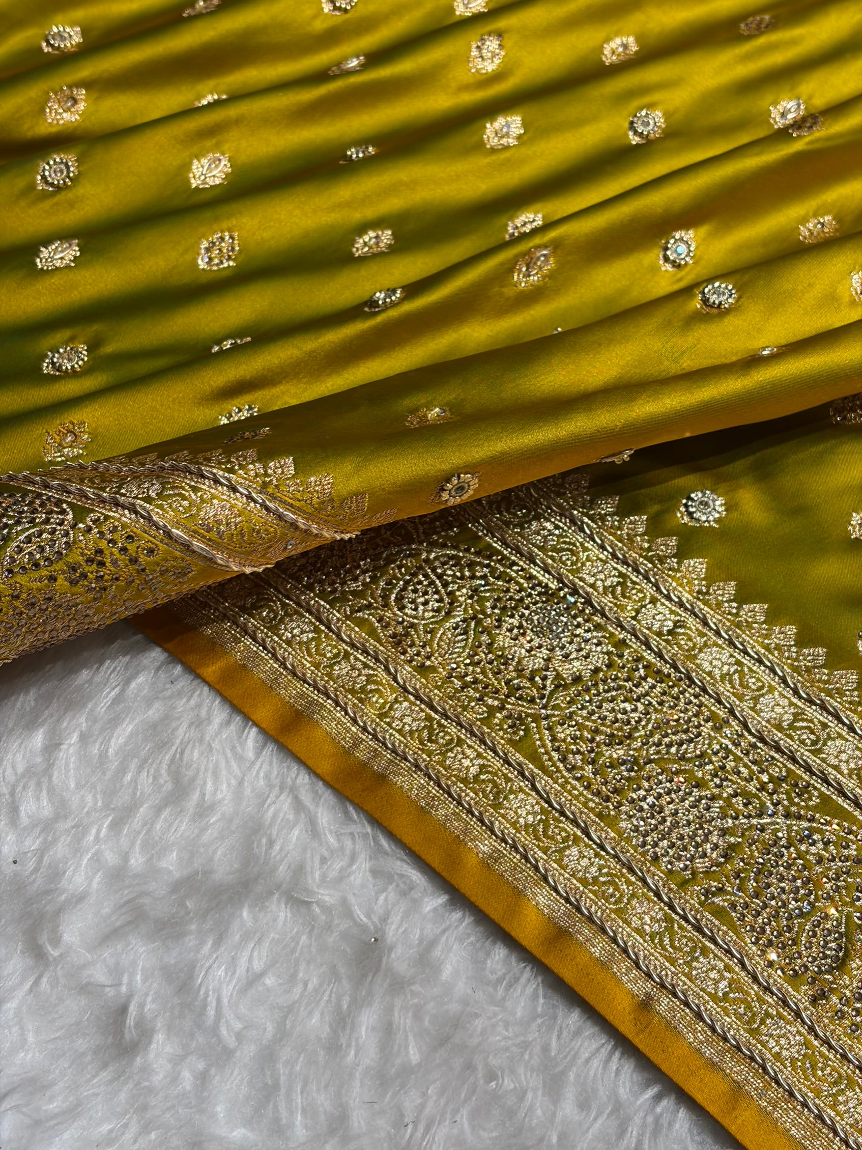 Banarasi Mahndi Booti Pattern With Ari Zardozi Stone Work Satin Katan Silk Saree BSK53