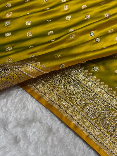 Banarasi Mahndi Booti Pattern With Ari Zardozi Stone Work Satin Katan Silk Saree BSK53