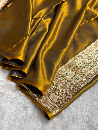 Mehndi Shades Jaal Pattern Banarasi Satin Silk Saree SS49