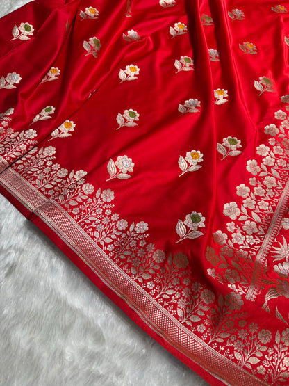 Premium Banarasi Satin Katan Saree With Minakari Boota in Red Shades SK94
