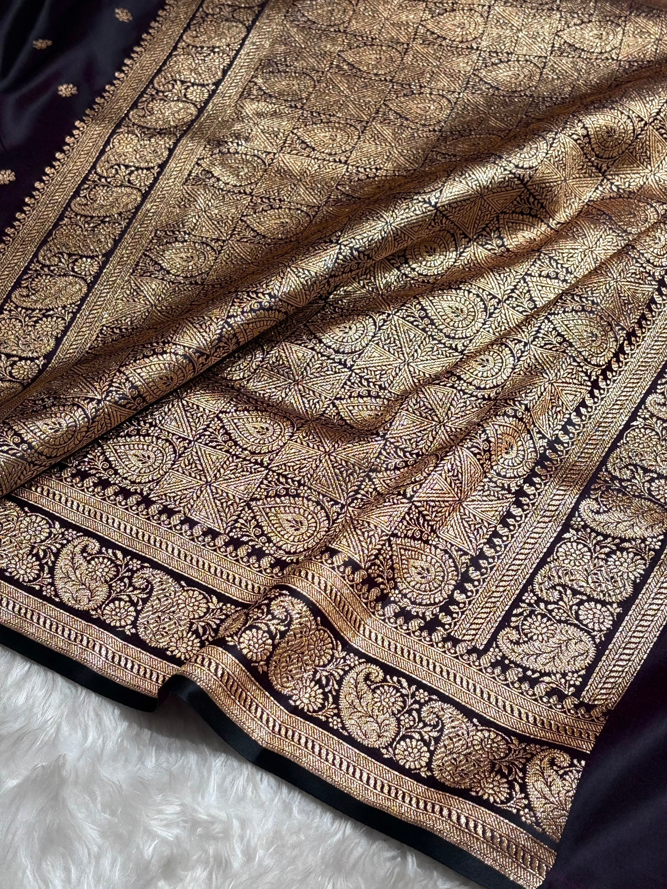 Banarasi Satin Katan Saree With Boota Pattern in Dark Wine Shades SK127