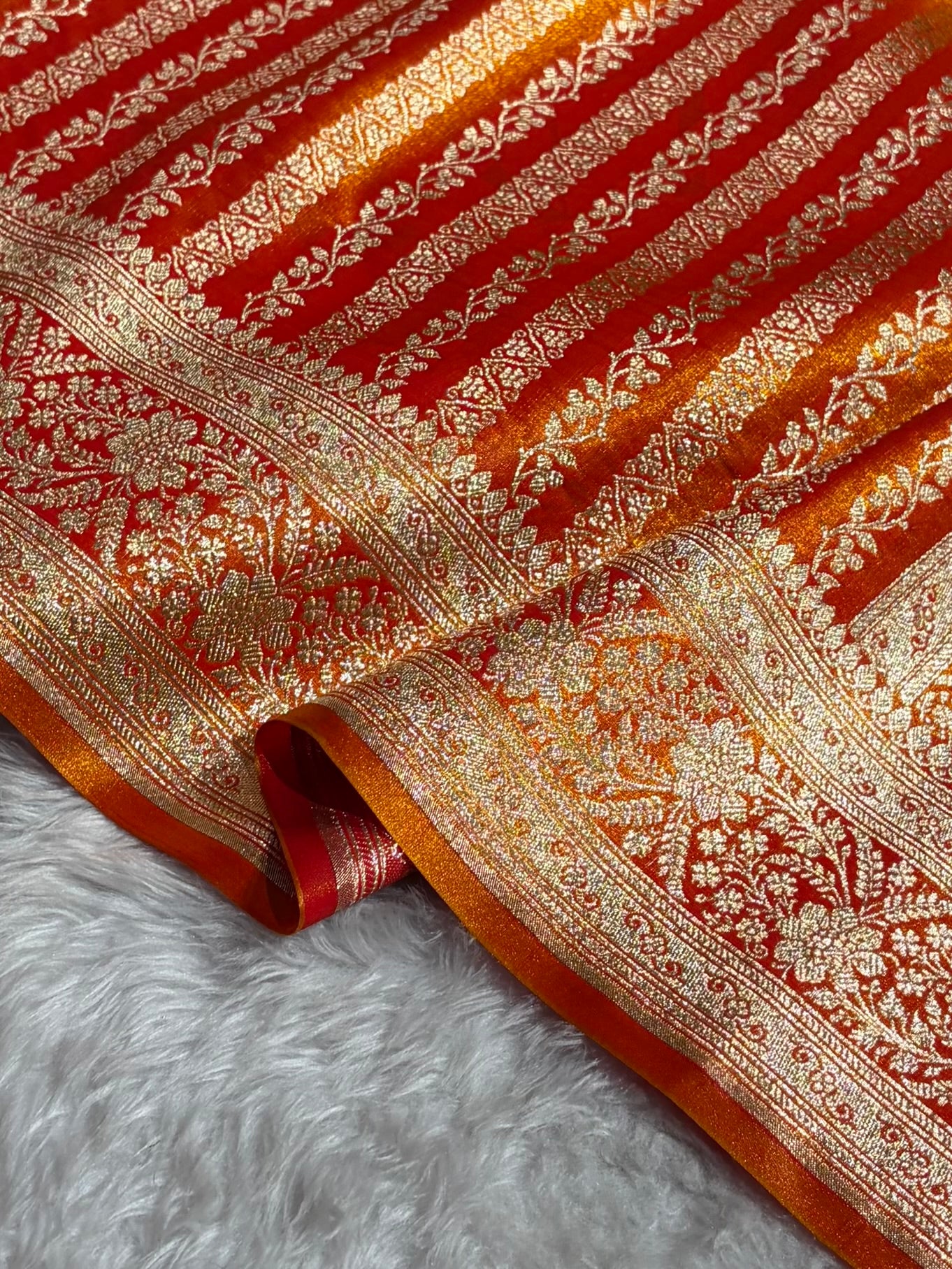 Fire Gold Shades Stripe Pattern Banarasi Satin Silk Saree SS46