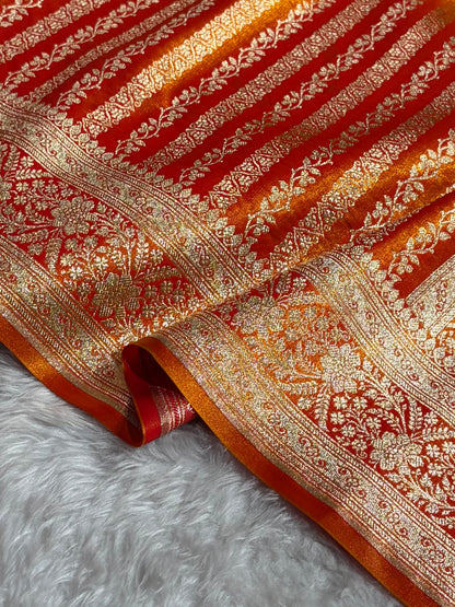 Fire Gold Shades Stripe Pattern Banarasi Satin Silk Saree SS46