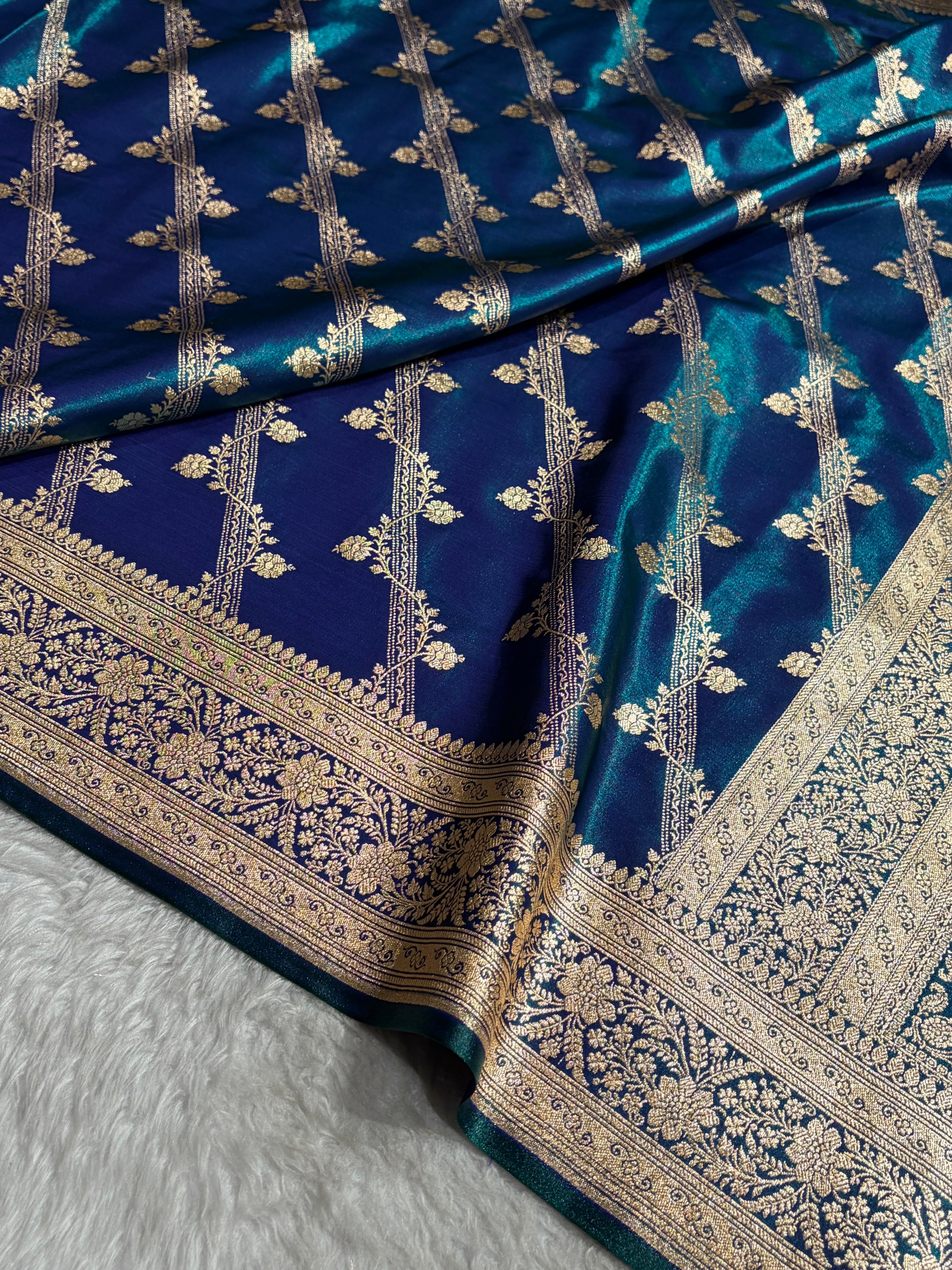 Peacock Shades Cross Pattern Banarasi Satin Silk Saree SS50