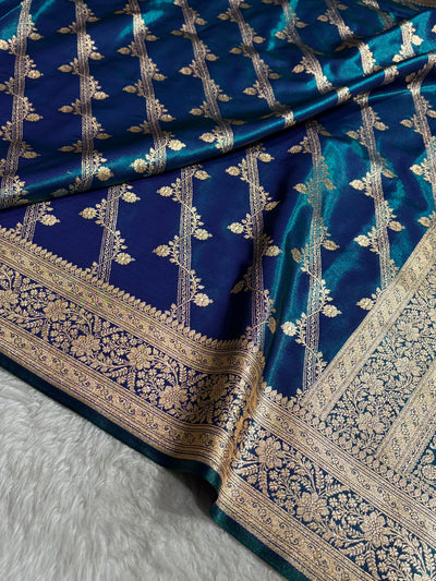 Peacock Shades Cross Pattern Banarasi Satin Silk Saree SS50