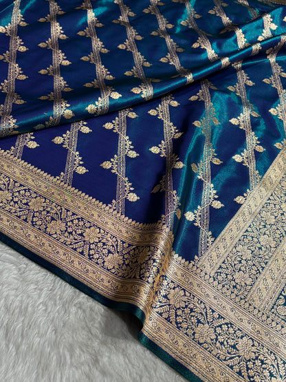 Peacock Shades Cross Pattern Banarasi Satin Silk Saree SS50