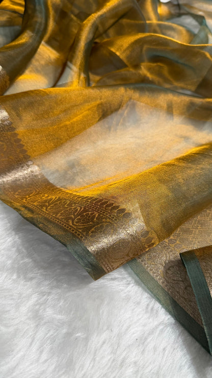 Cross Mehendi Shades Pure Tissue Silk Saree with Brocade Blouse PT-09