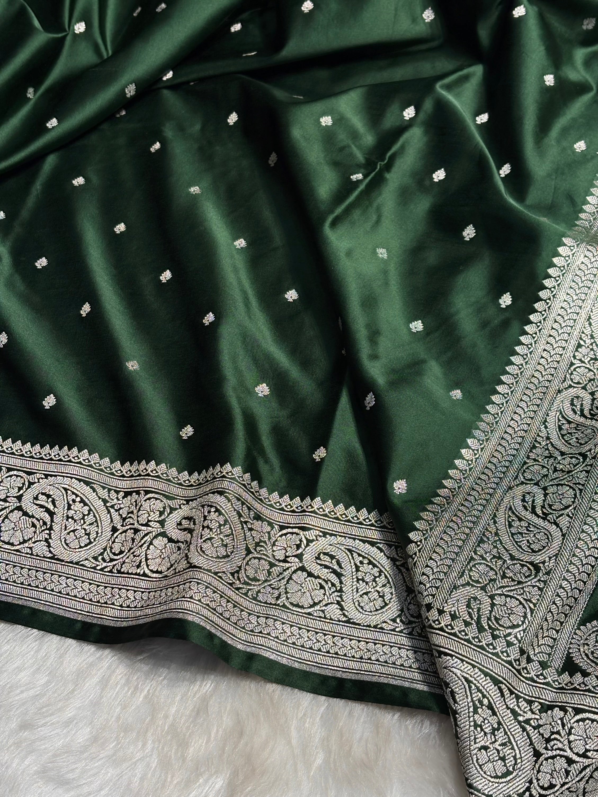 Bottle Green Tone Booti Mashru Silk Saree