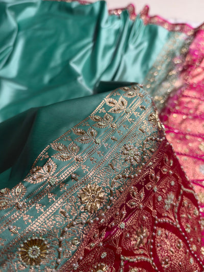 SeaGreen and Rani Contrast Banarasi Satin Katan Saree With Aari Zardozi Work Boota in Cross Green Shades BSK131